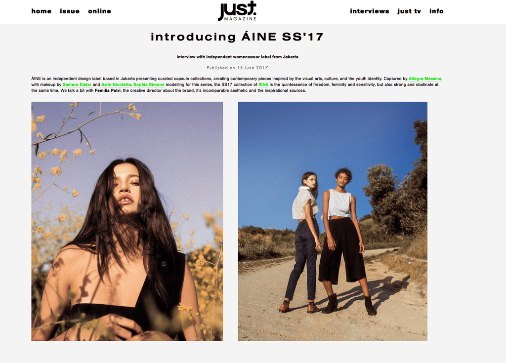 ÁINE x Allegra Messina &amp; interview with our creative director in Just Magazine